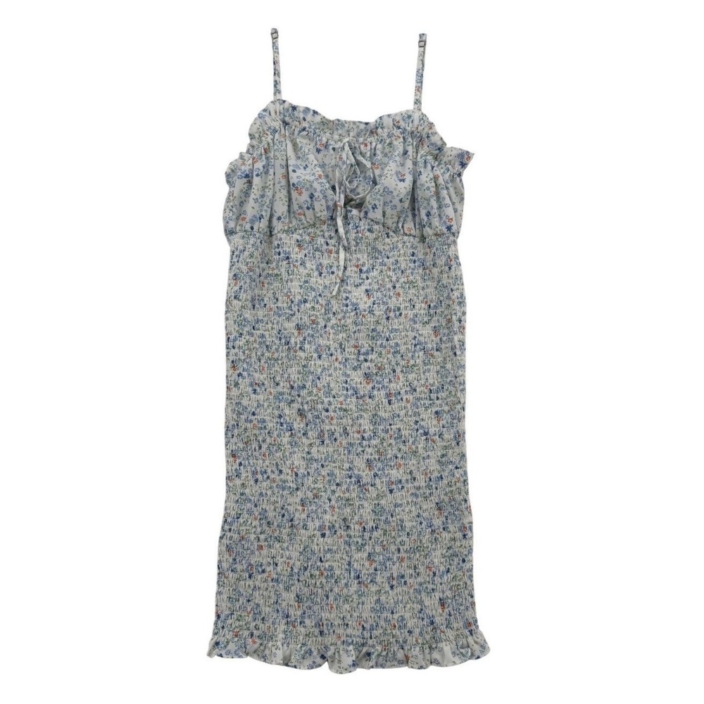 Active USA Floral Mini Dress Womens Large White Blue Smocked Ruffle D12415 EXC
